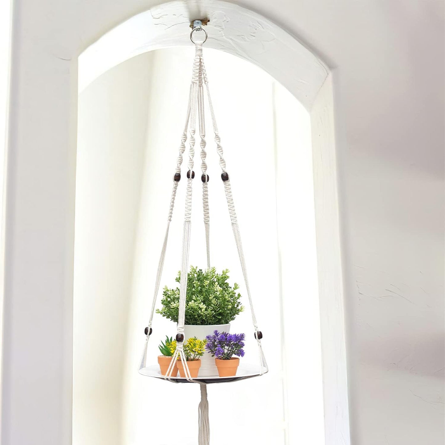 Hanging Plant Shelf, 1 Trays + 1 Ropes, Hanging Shelf for Plants, Handmade, Macrame Hanging Shelf, Natural Organic Cotton Rope, Plant Hanger Indoor, White, (49 In)