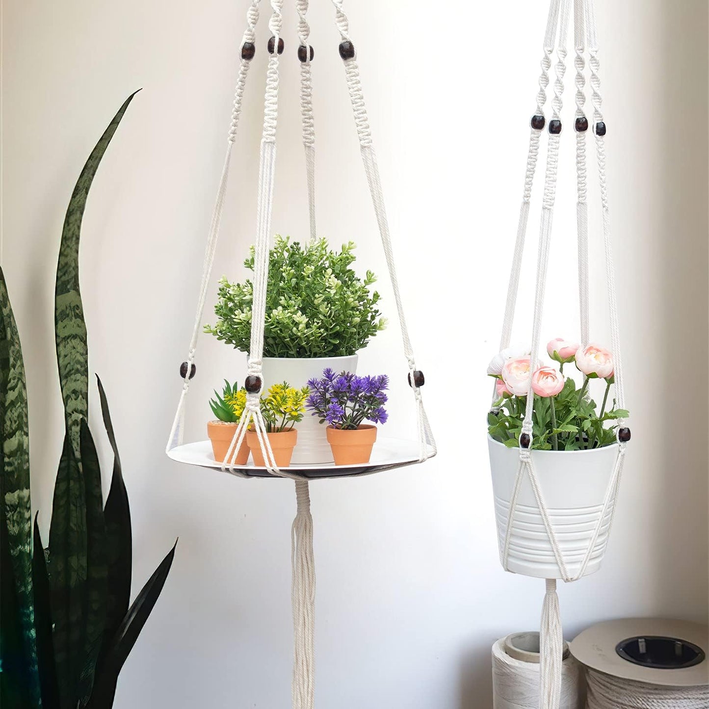 Hanging Plant Shelf, 1 Trays + 1 Ropes, Hanging Shelf for Plants, Handmade, Macrame Hanging Shelf, Natural Organic Cotton Rope, Plant Hanger Indoor, White, (49 In)