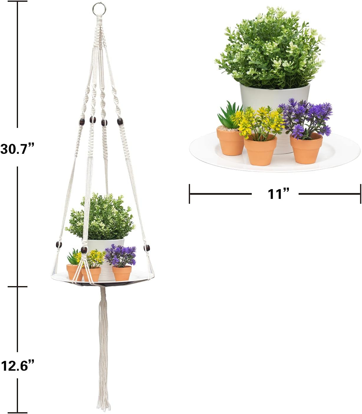 Hanging Plant Shelf, 1 Trays + 1 Ropes, Hanging Shelf for Plants, Handmade, Macrame Hanging Shelf, Natural Organic Cotton Rope, Plant Hanger Indoor, White, (49 In)