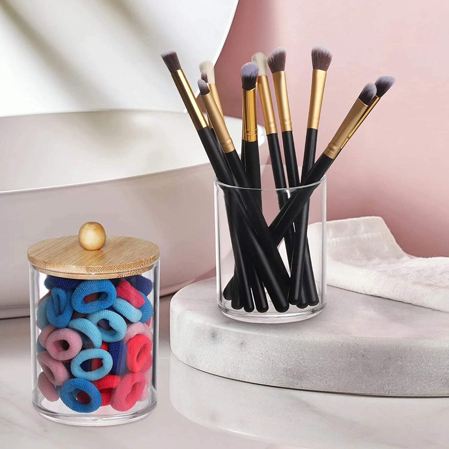 4 Pack Qtip Holder Dispenser with Bamboo Lids - 10 Oz Clear Plastic Apothecary Jar Containers for Vanity Makeup Organizer Storage - Bathroom Accessories Set for Cotton Swab, Ball, Pads, Floss