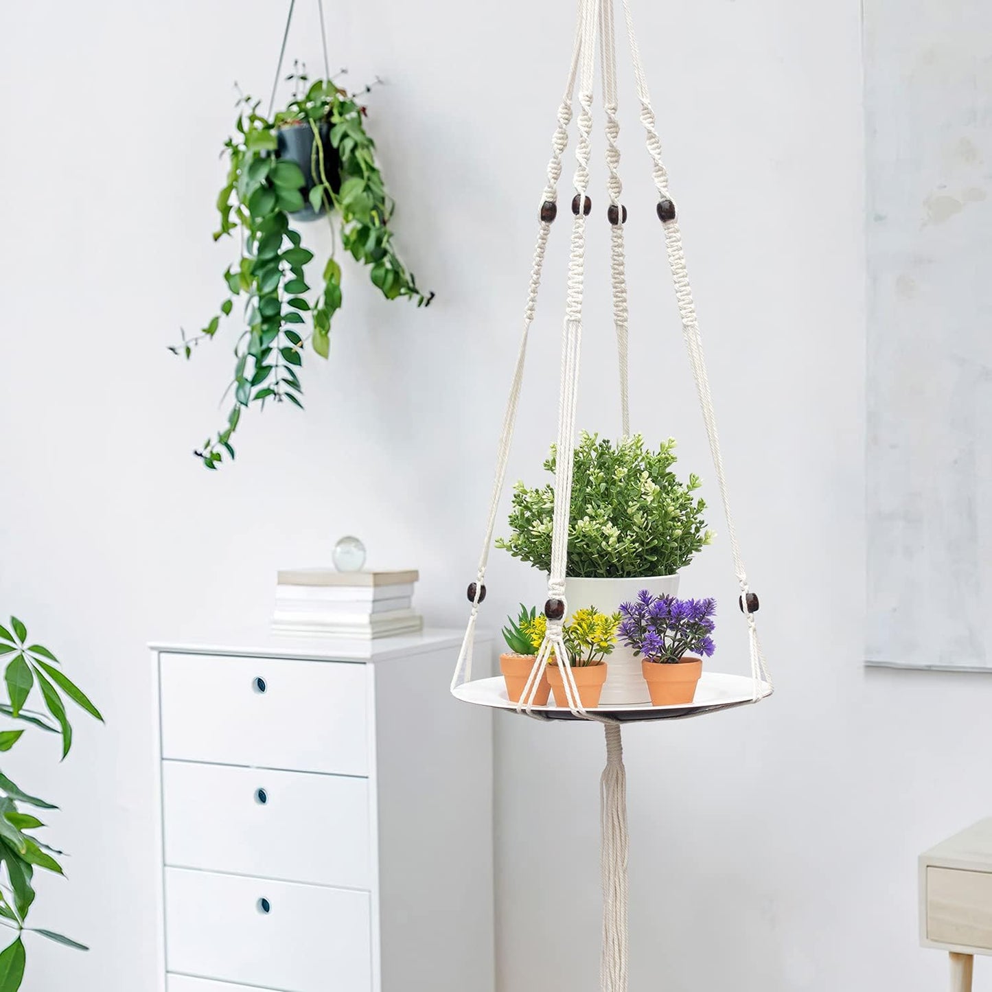 Hanging Plant Shelf, 1 Trays + 1 Ropes, Hanging Shelf for Plants, Handmade, Macrame Hanging Shelf, Natural Organic Cotton Rope, Plant Hanger Indoor, White, (49 In)
