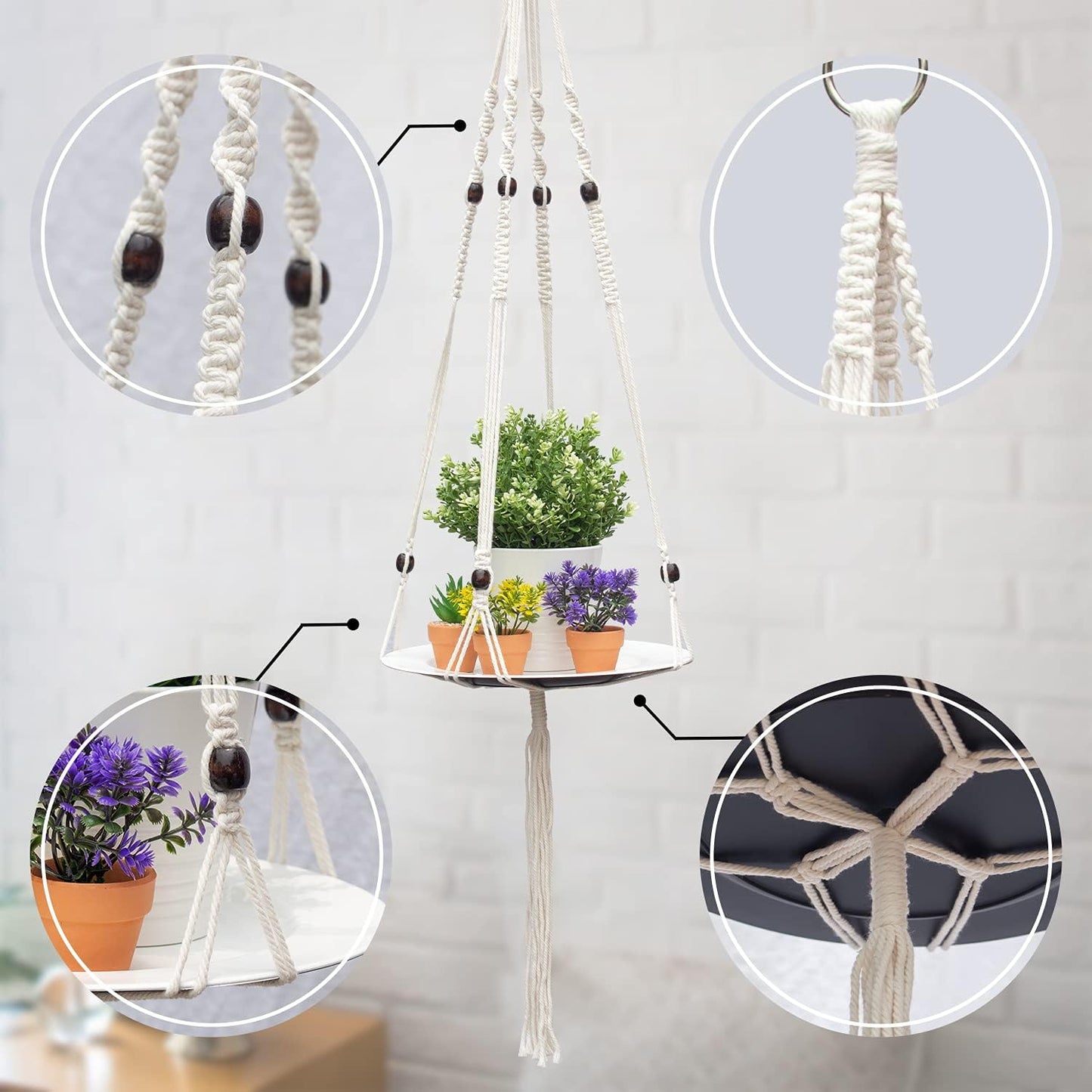Hanging Plant Shelf, 1 Trays + 1 Ropes, Hanging Shelf for Plants, Handmade, Macrame Hanging Shelf, Natural Organic Cotton Rope, Plant Hanger Indoor, White, (49 In)