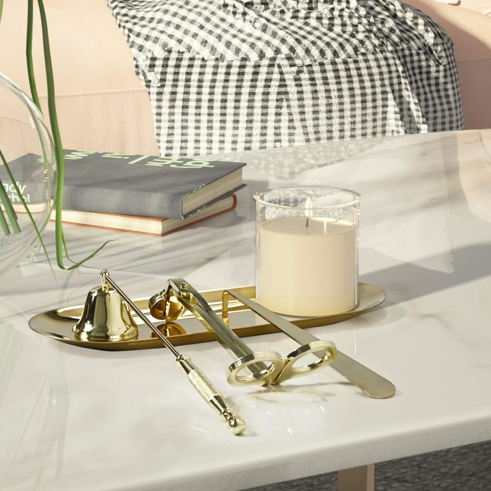 4 in 1 Candle Accessory Set with Wick Trimmer, Wick Dipper, Wick Snuffer, Storage Tray Plate, 4 in 1 Tool Kit Gold Stainless Steel Design for Candles Lovers in Dating, Valentines Decor
