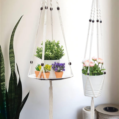 Hanging Plant Shelf, 1 Trays + 1 Ropes, Hanging Shelf for Plants, Handmade, Macrame Hanging Shelf, Natural Organic Cotton Rope, Plant Hanger Indoor, White, (49 In)