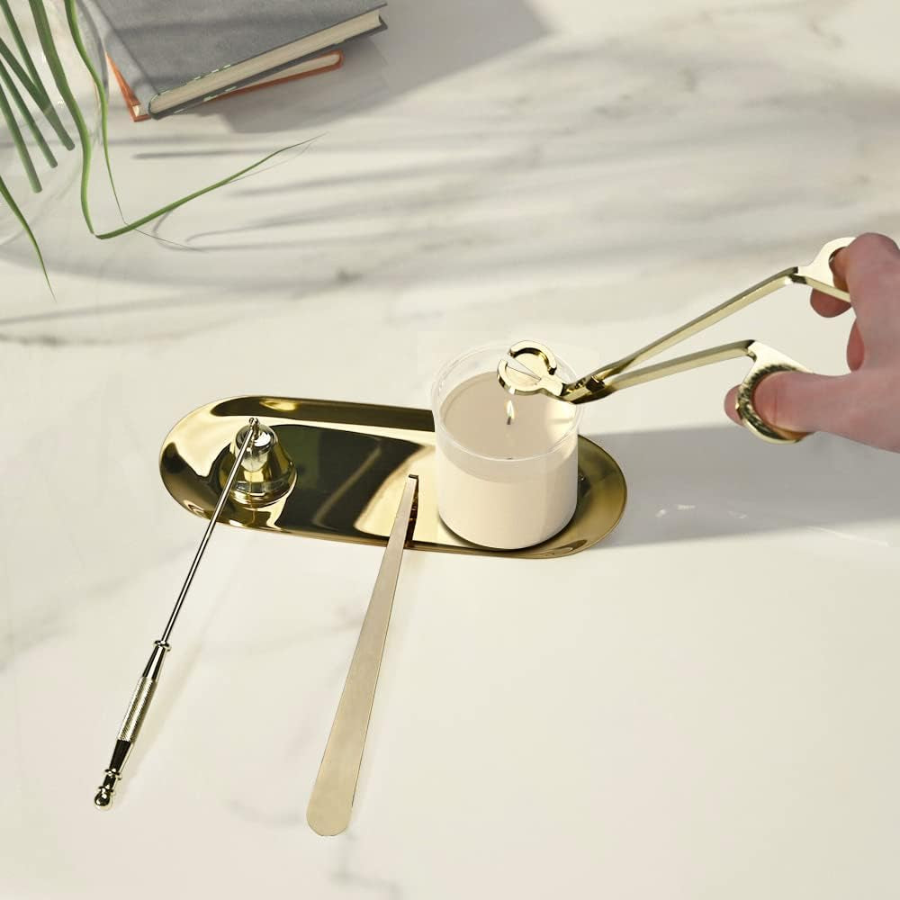 4 in 1 Candle Accessory Set with Wick Trimmer, Wick Dipper, Wick Snuffer, Storage Tray Plate, 4 in 1 Tool Kit Gold Stainless Steel Design for Candles Lovers in Dating, Valentines Decor