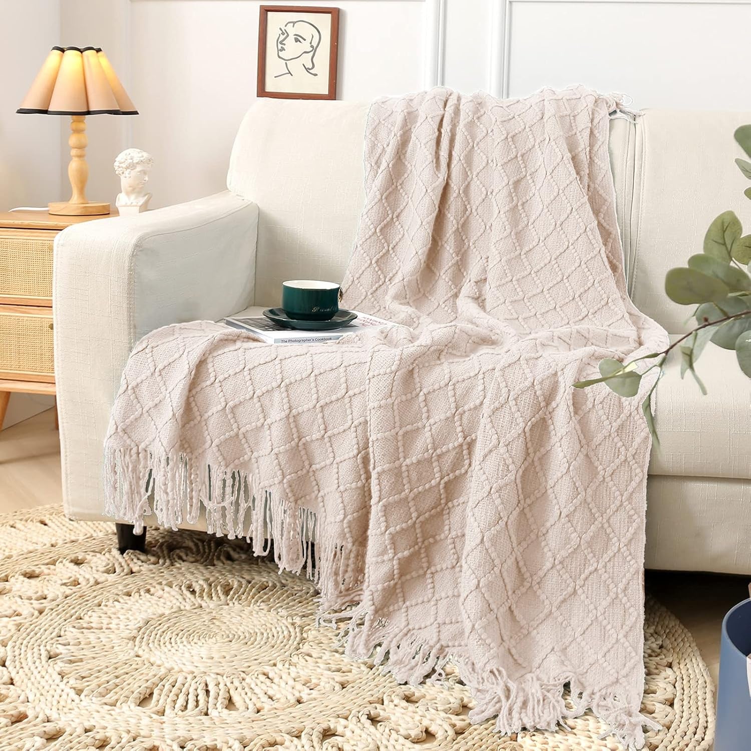 White Blanket Throw, Knit Throw Blanket, Boho Throw Blanket for Couch,Bed, Farmhouse Throw Blanket, Lightweight Woven Throw Blanket, Decorative Throw Blanket (50"X60")