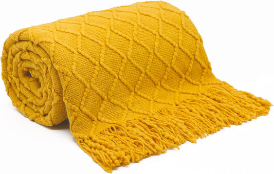 Yellow Throw Blankets, Knit Throw Blanket, Boho Throw Blanket for Couch,Bed, Farmhouse Throw Blanket, Lightweight Woven Throw Blanket, Decorative Throw Blanket (50"X60")