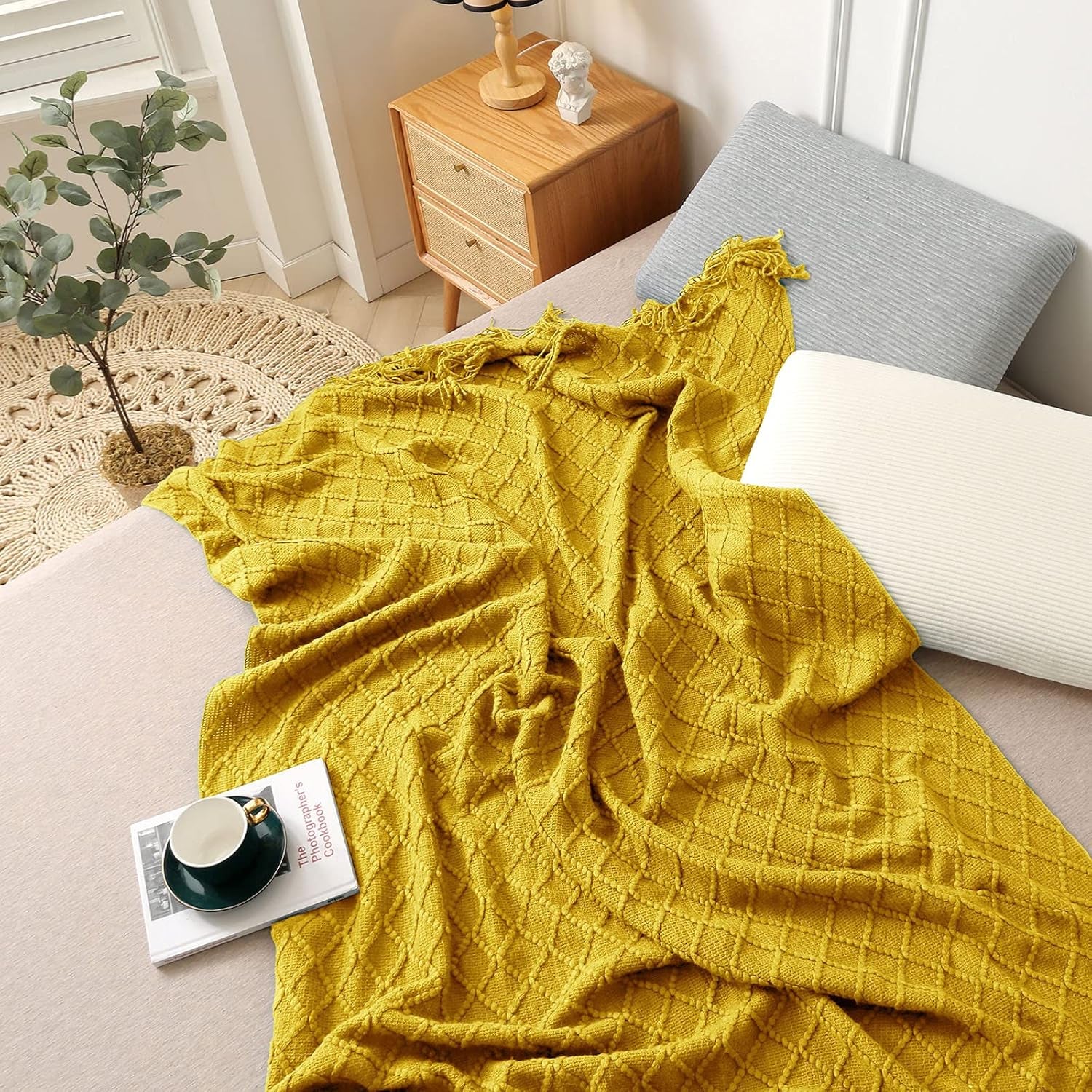 Yellow Throw Blankets, Knit Throw Blanket, Boho Throw Blanket for Couch,Bed, Farmhouse Throw Blanket, Lightweight Woven Throw Blanket, Decorative Throw Blanket (50"X60")