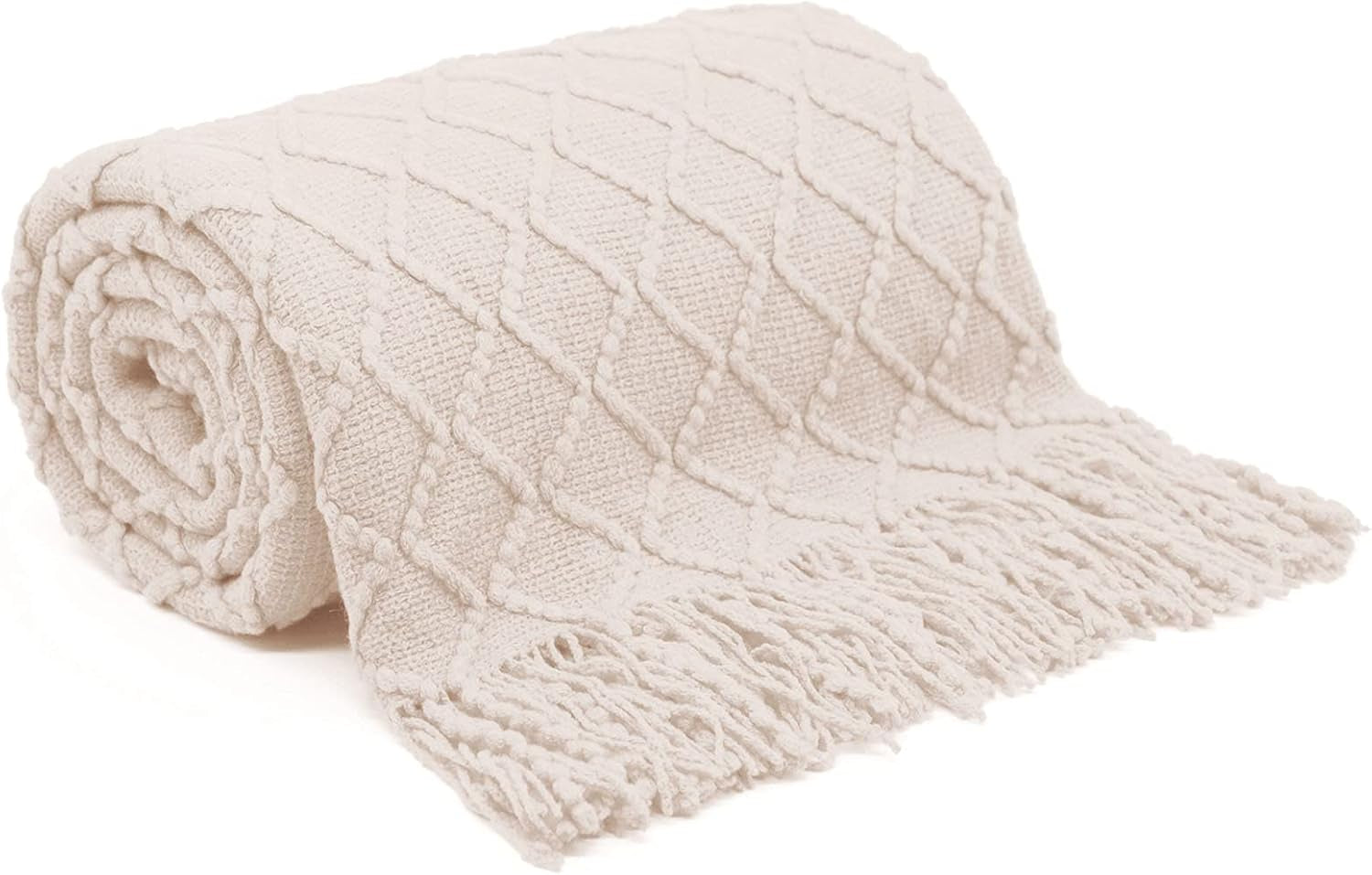 White Blanket Throw, Knit Throw Blanket, Boho Throw Blanket for Couch,Bed, Farmhouse Throw Blanket, Lightweight Woven Throw Blanket, Decorative Throw Blanket (50"X60")