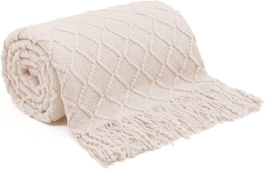 White Blanket Throw, Knit Throw Blanket, Boho Throw Blanket for Couch,Bed, Farmhouse Throw Blanket, Lightweight Woven Throw Blanket, Decorative Throw Blanket (50"X60")