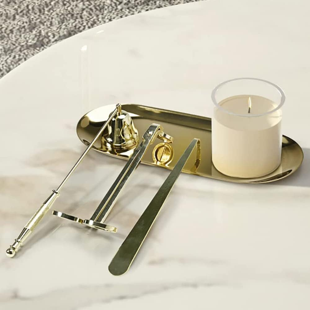 4 in 1 Candle Accessory Set with Wick Trimmer, Wick Dipper, Wick Snuffer, Storage Tray Plate, 4 in 1 Tool Kit Gold Stainless Steel Design for Candles Lovers in Dating, Valentines Decor
