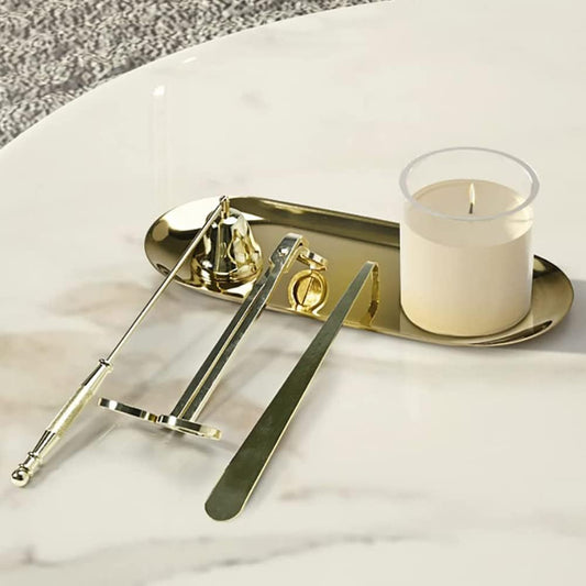 4 in 1 Candle Accessory Set with Wick Trimmer, Wick Dipper, Wick Snuffer, Storage Tray Plate, 4 in 1 Tool Kit Gold Stainless Steel Design for Candles Lovers in Dating, Valentines Decor
