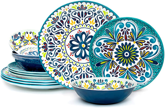 Melamine Dinnerware Set, 12-Piece, Service for 4, Medallion (Cool)
