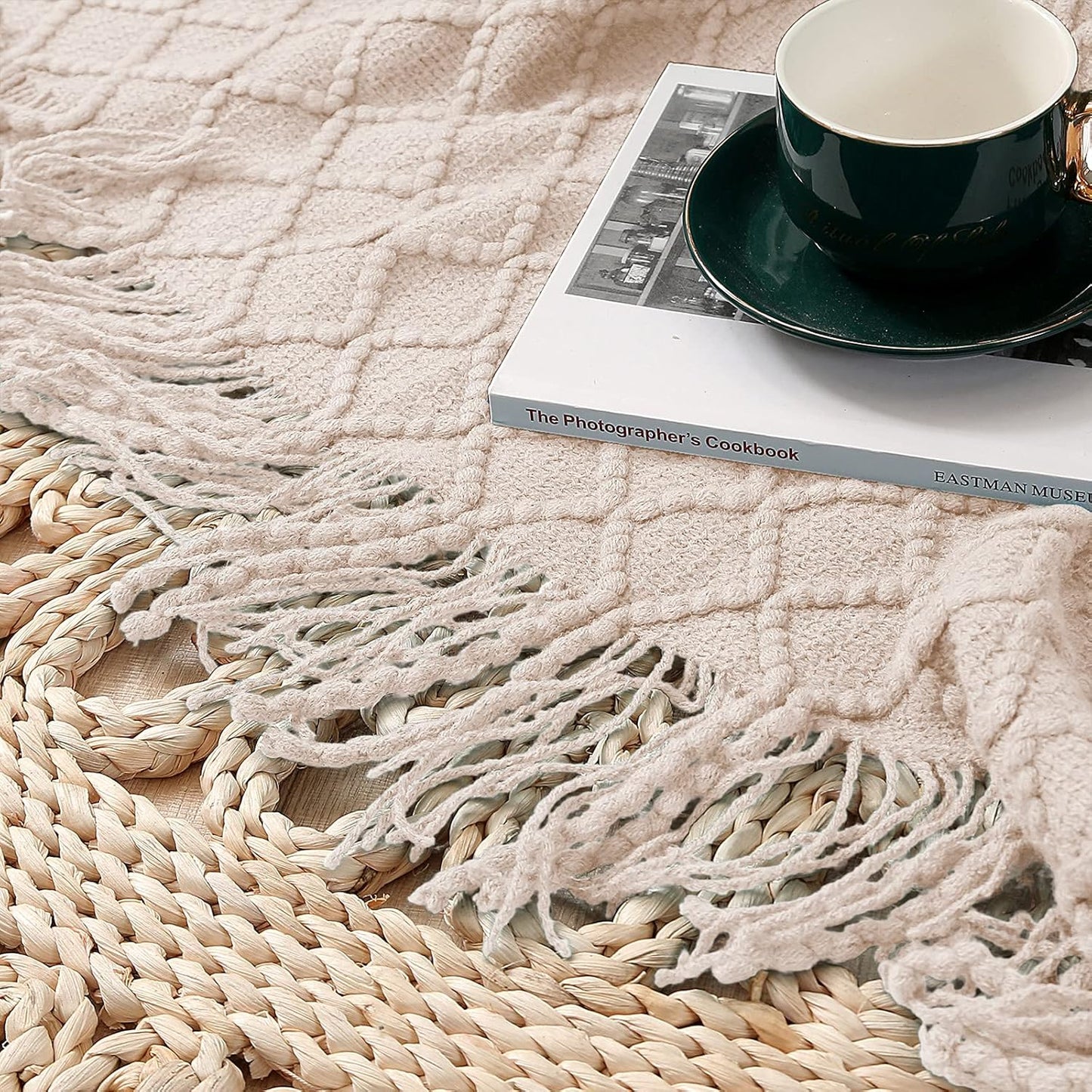 White Blanket Throw, Knit Throw Blanket, Boho Throw Blanket for Couch,Bed, Farmhouse Throw Blanket, Lightweight Woven Throw Blanket, Decorative Throw Blanket (50"X60")