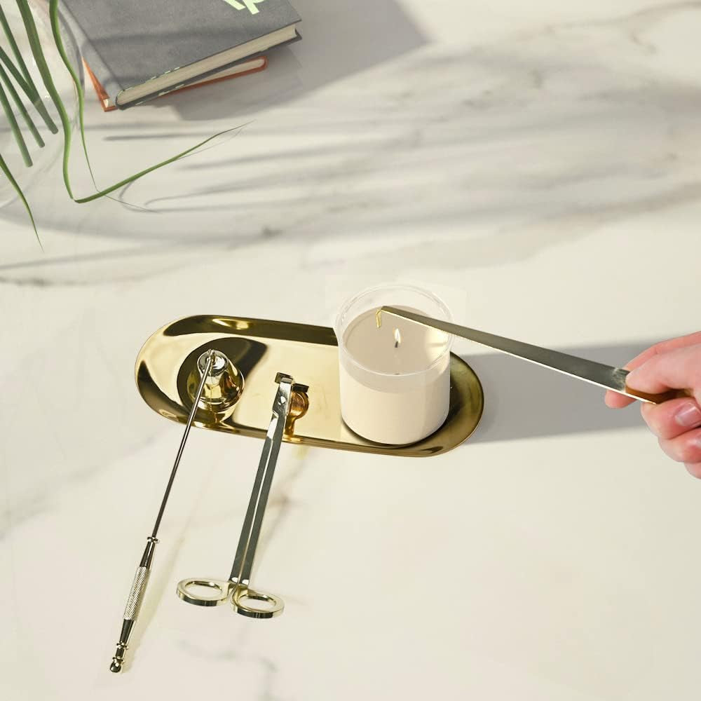 4 in 1 Candle Accessory Set with Wick Trimmer, Wick Dipper, Wick Snuffer, Storage Tray Plate, 4 in 1 Tool Kit Gold Stainless Steel Design for Candles Lovers in Dating, Valentines Decor