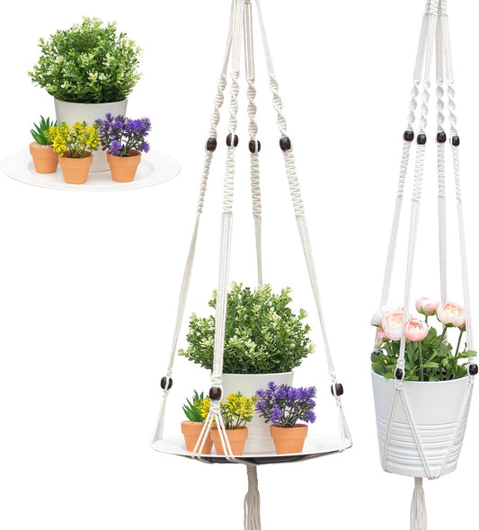 Hanging Plant Shelf, 1 Trays + 1 Ropes, Hanging Shelf for Plants, Handmade, Macrame Hanging Shelf, Natural Organic Cotton Rope, Plant Hanger Indoor, White, (49 In)