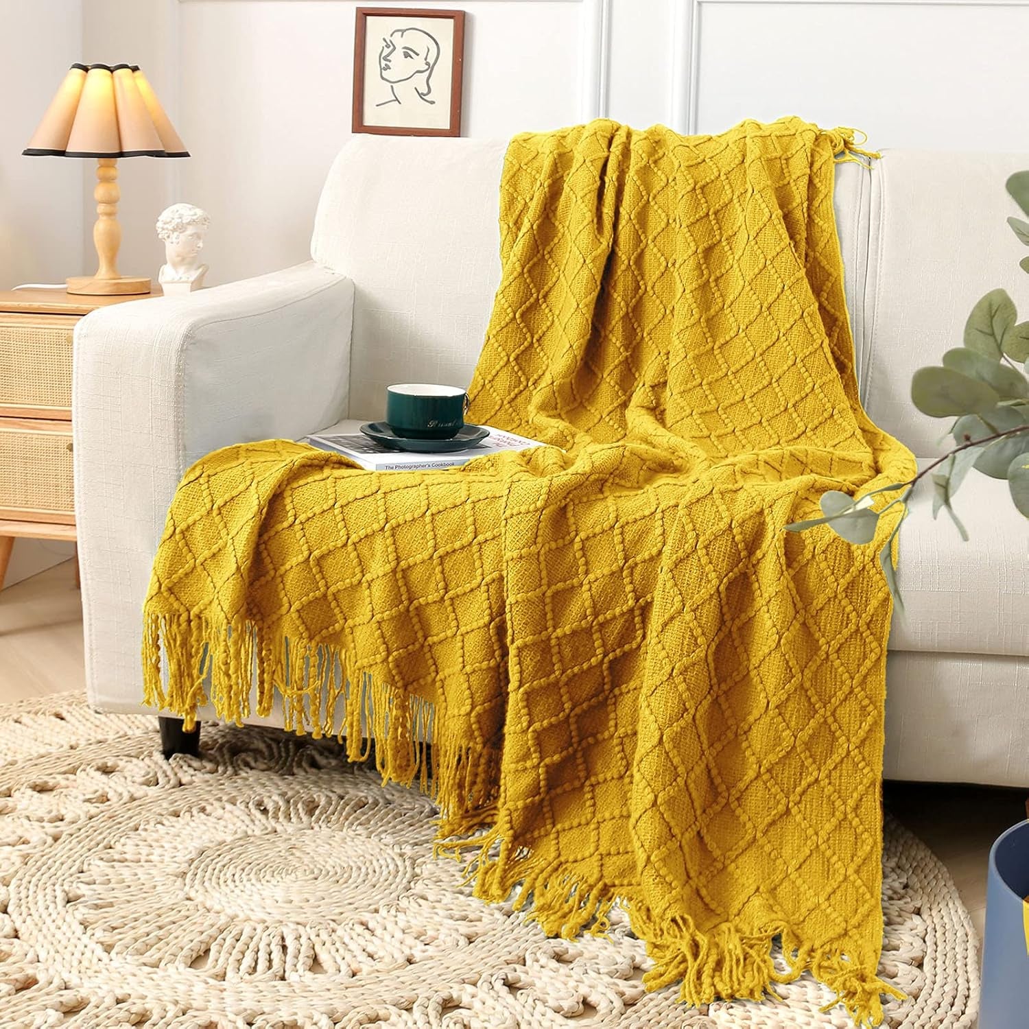 Yellow Throw Blankets, Knit Throw Blanket, Boho Throw Blanket for Couch,Bed, Farmhouse Throw Blanket, Lightweight Woven Throw Blanket, Decorative Throw Blanket (50"X60")