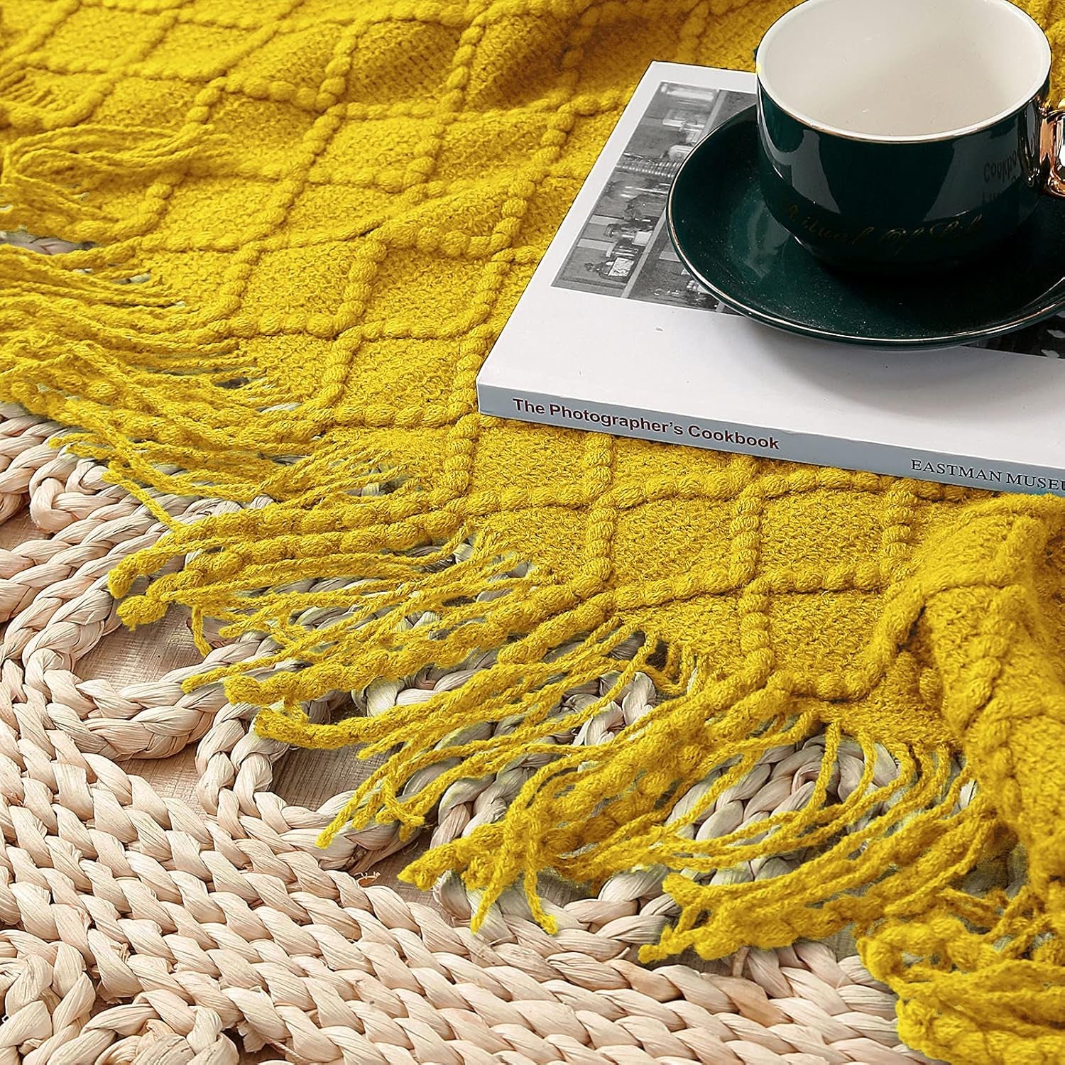 Yellow Throw Blankets, Knit Throw Blanket, Boho Throw Blanket for Couch,Bed, Farmhouse Throw Blanket, Lightweight Woven Throw Blanket, Decorative Throw Blanket (50"X60")