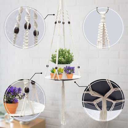 Hanging Plant Shelf, 1 Trays + 1 Ropes, Hanging Shelf for Plants, Handmade, Macrame Hanging Shelf, Natural Organic Cotton Rope, Plant Hanger Indoor, White, (49 In)