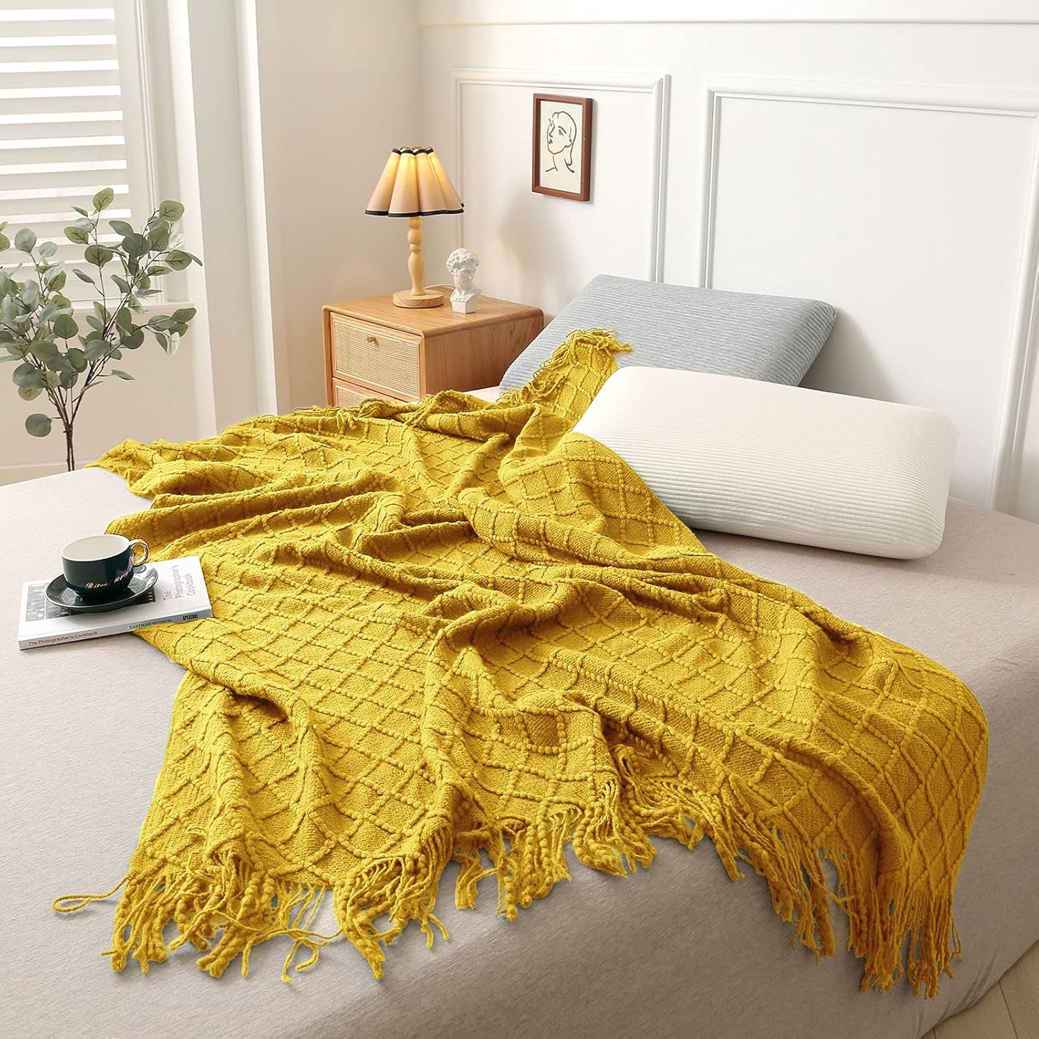Yellow Throw Blankets, Knit Throw Blanket, Boho Throw Blanket for Couch,Bed, Farmhouse Throw Blanket, Lightweight Woven Throw Blanket, Decorative Throw Blanket (50"X60")