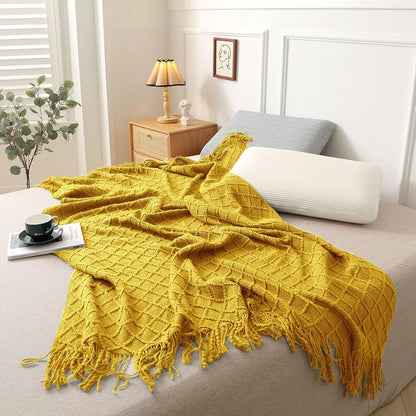 Yellow Throw Blankets, Knit Throw Blanket, Boho Throw Blanket for Couch,Bed, Farmhouse Throw Blanket, Lightweight Woven Throw Blanket, Decorative Throw Blanket (50"X60")