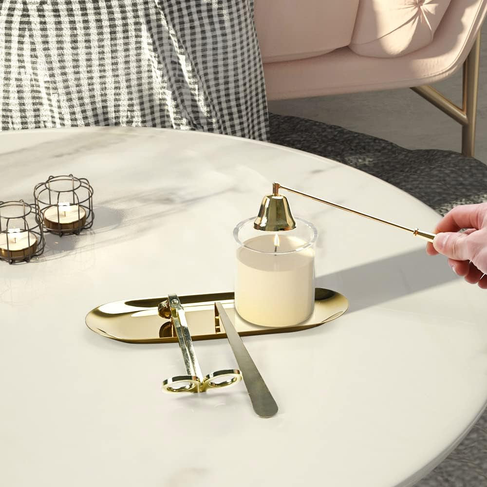 4 in 1 Candle Accessory Set with Wick Trimmer, Wick Dipper, Wick Snuffer, Storage Tray Plate, 4 in 1 Tool Kit Gold Stainless Steel Design for Candles Lovers in Dating, Valentines Decor